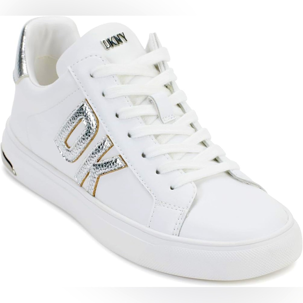 DKNY White and Silver Abeni Leather Lace Up Sneakers Womens Size 9